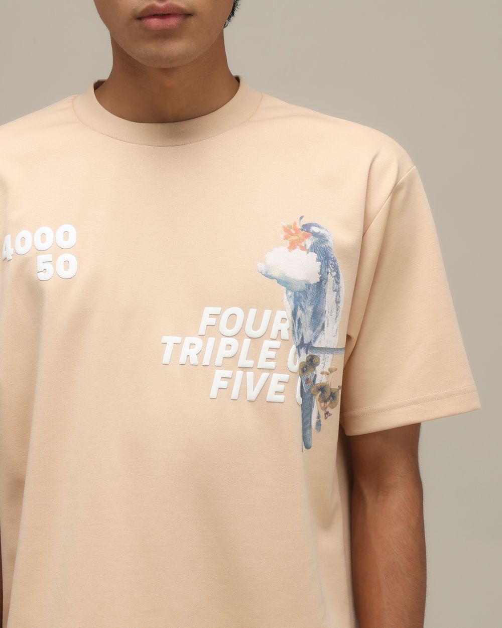 Beige Bird Print Oversized T-Shirt