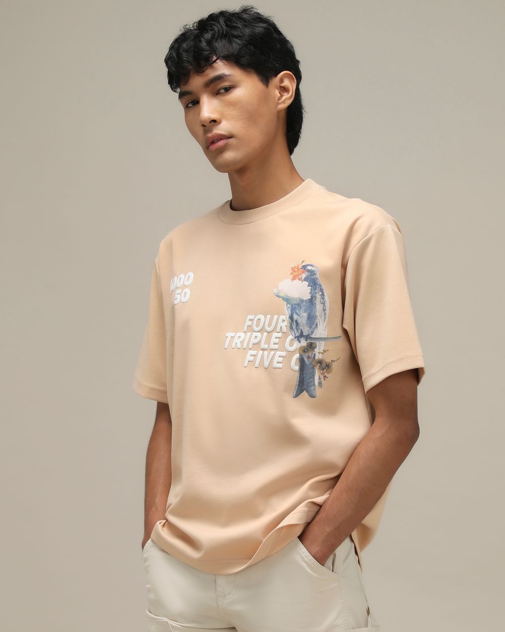Beige Bird Print Oversized T-Shirt