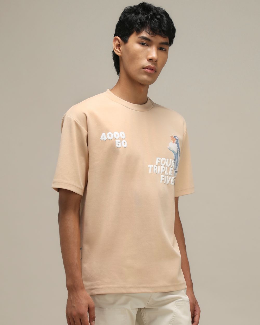 Beige Bird Print Oversized T-Shirt