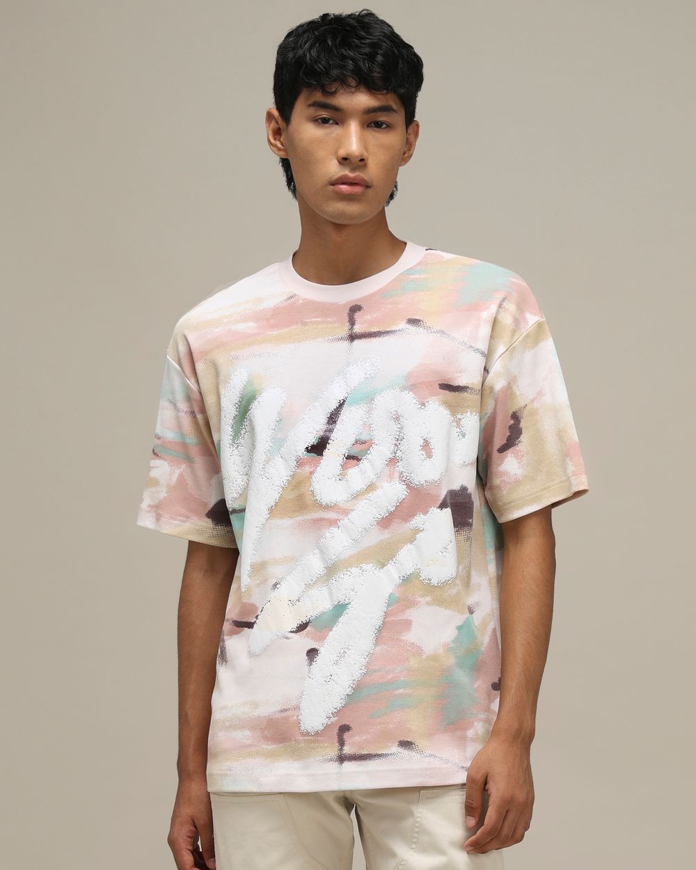 Pastel Pink Puff Print Oversized T-Shirt