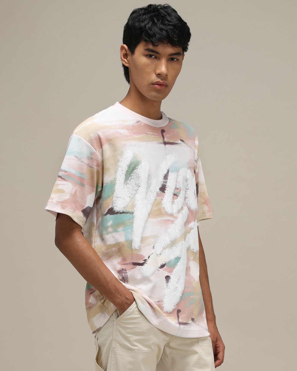Pastel Pink Puff Print Oversized T-Shirt