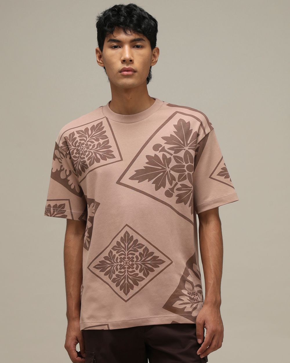 Light Brown Abstract Print Oversized T-Shirt