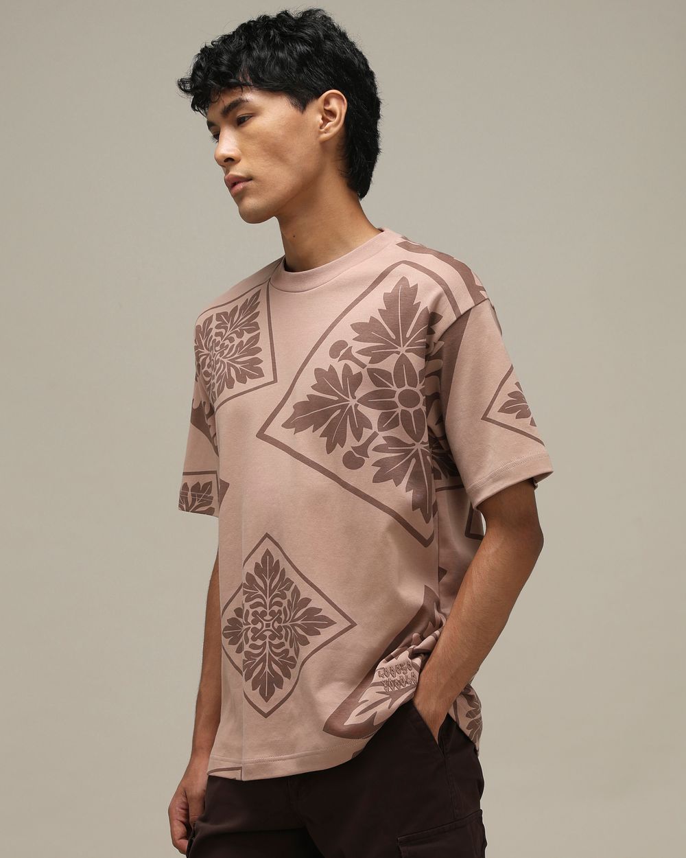 Light Brown Abstract Print Oversized T-Shirt