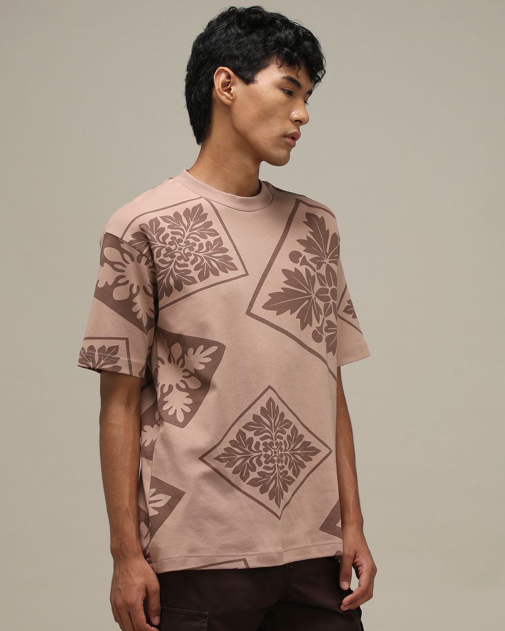 Light Brown Abstract Print Oversized T-Shirt