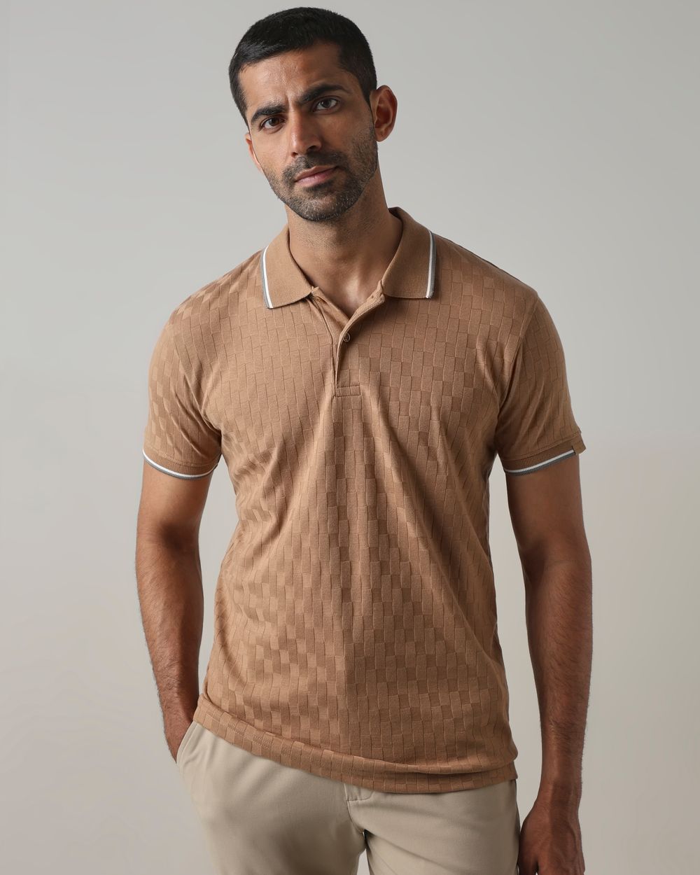 Light Brown Jacquard Plain Stretch Polo