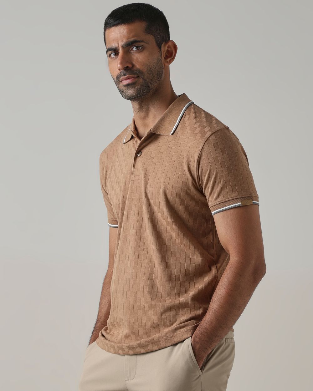Light Brown Jacquard Plain Stretch Polo