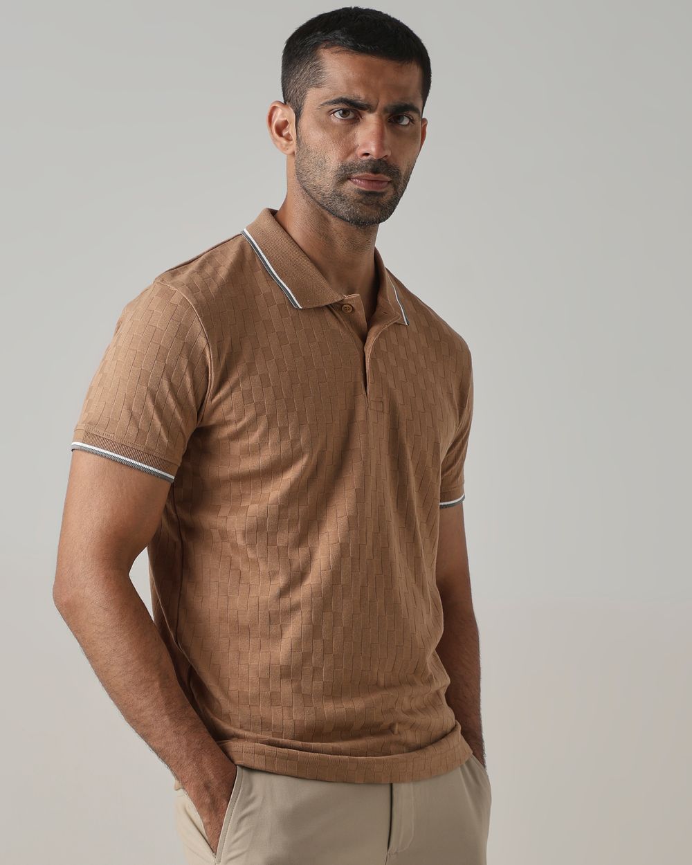 Light Brown Jacquard Plain Stretch Polo