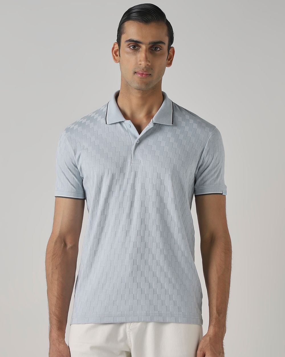 Light Blue Jacquard Plain Stretch Polo