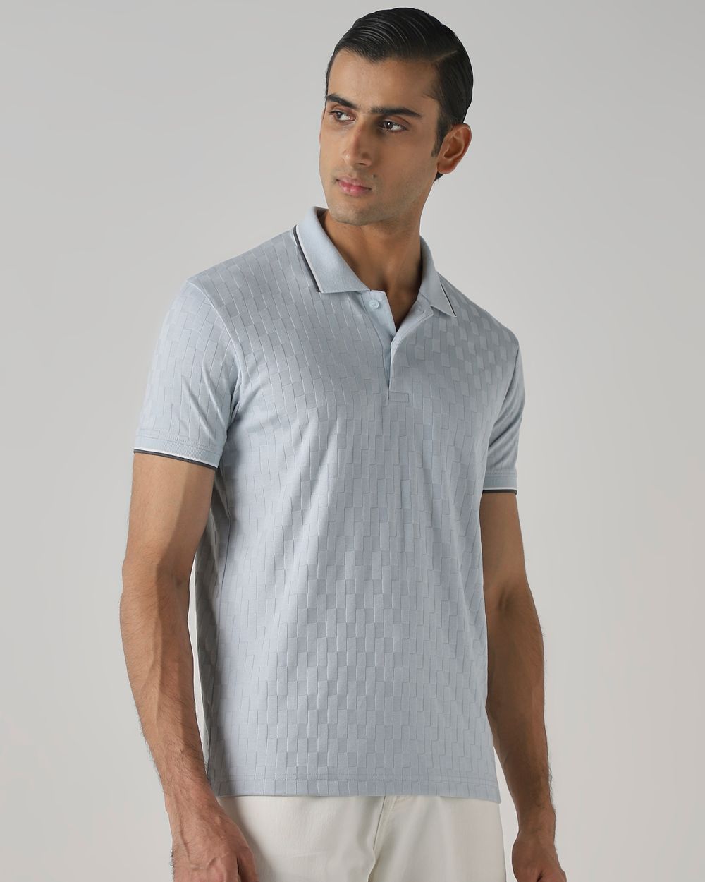 Light Blue Jacquard Plain Stretch Polo