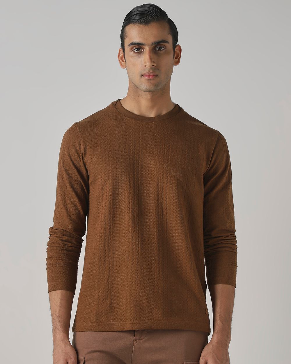 Brown Jacquard Plain T-Shirt