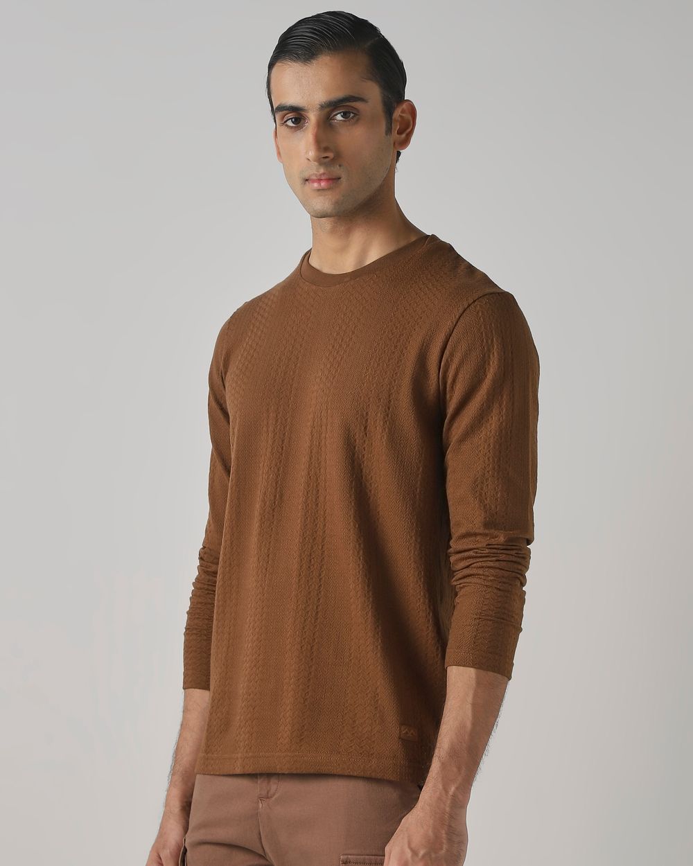 Brown Jacquard Plain T-Shirt