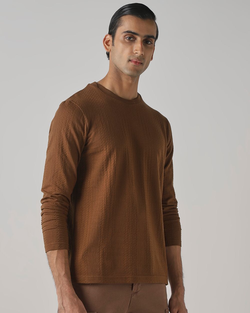 Brown Jacquard Plain T-Shirt