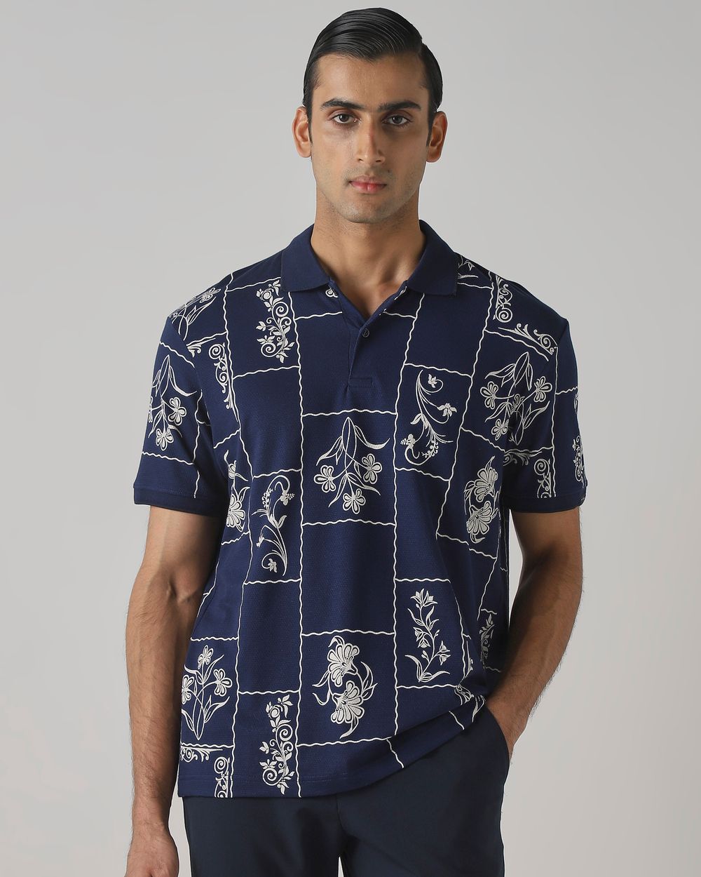 Navy Floral Print Polo