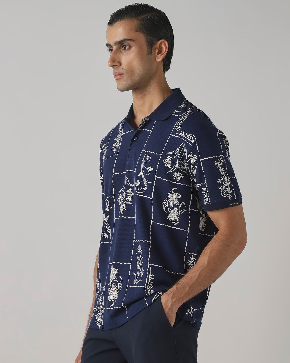 Navy Floral Print Polo