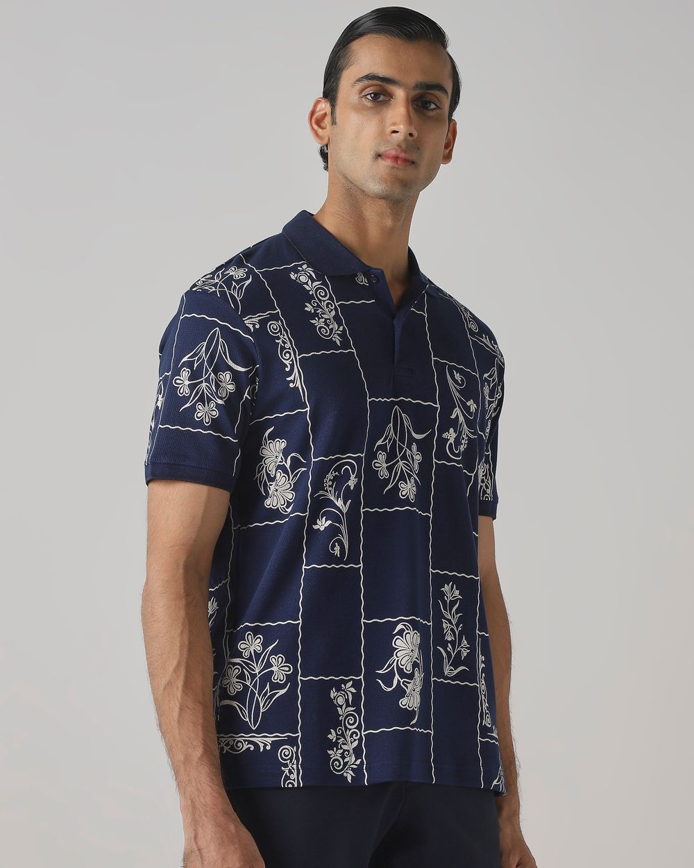 Navy Floral Print Polo