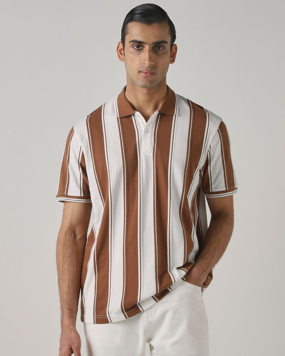 Brown Jacquard Stripe Polo