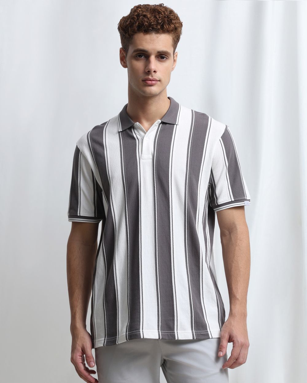 Grey Jacquard Stripe Polo