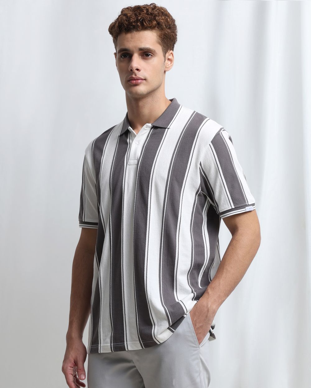 Grey Jacquard Stripe Polo