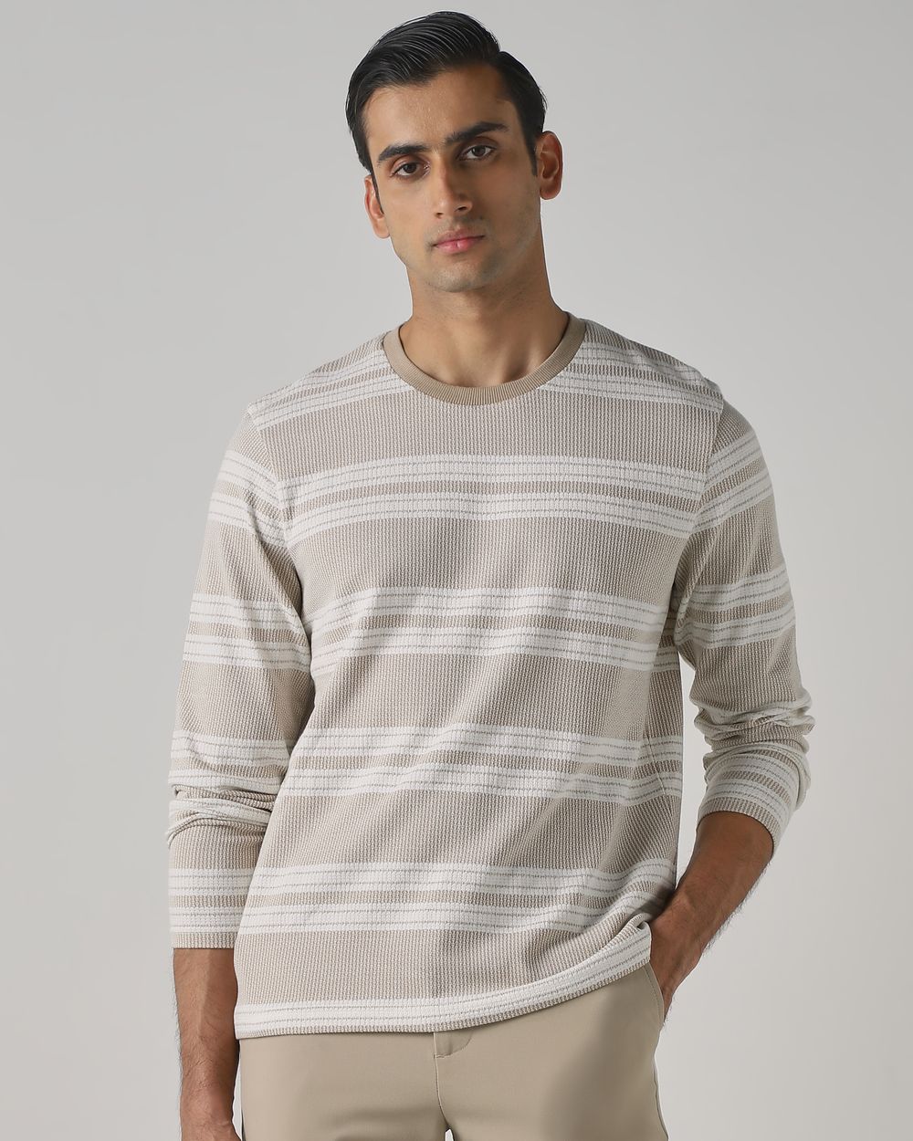 Beige Jacquard Stripe T-Shirt