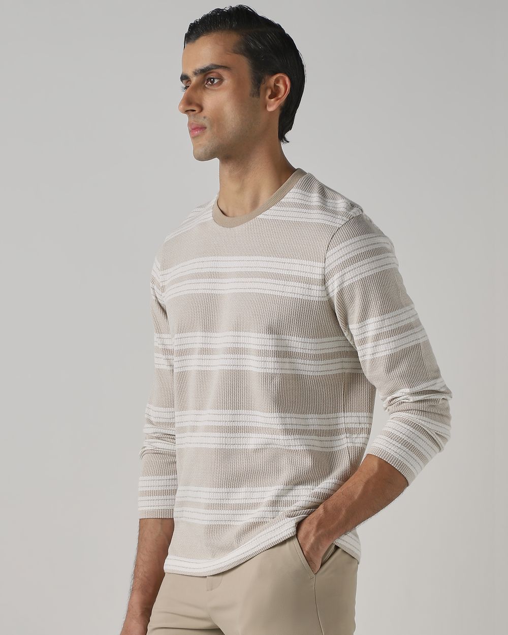 Beige Jacquard Stripe T-Shirt