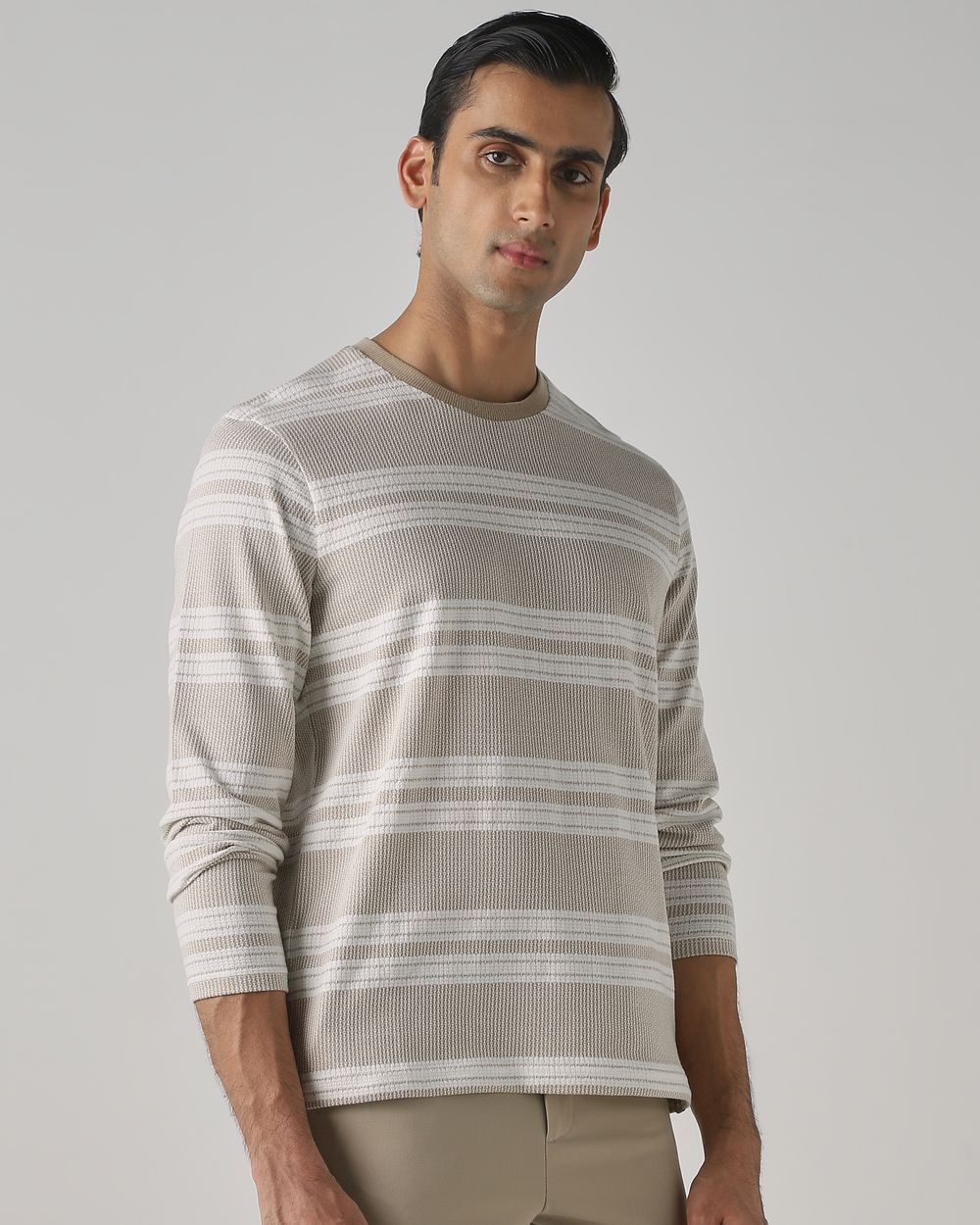 Beige Jacquard Stripe T-Shirt