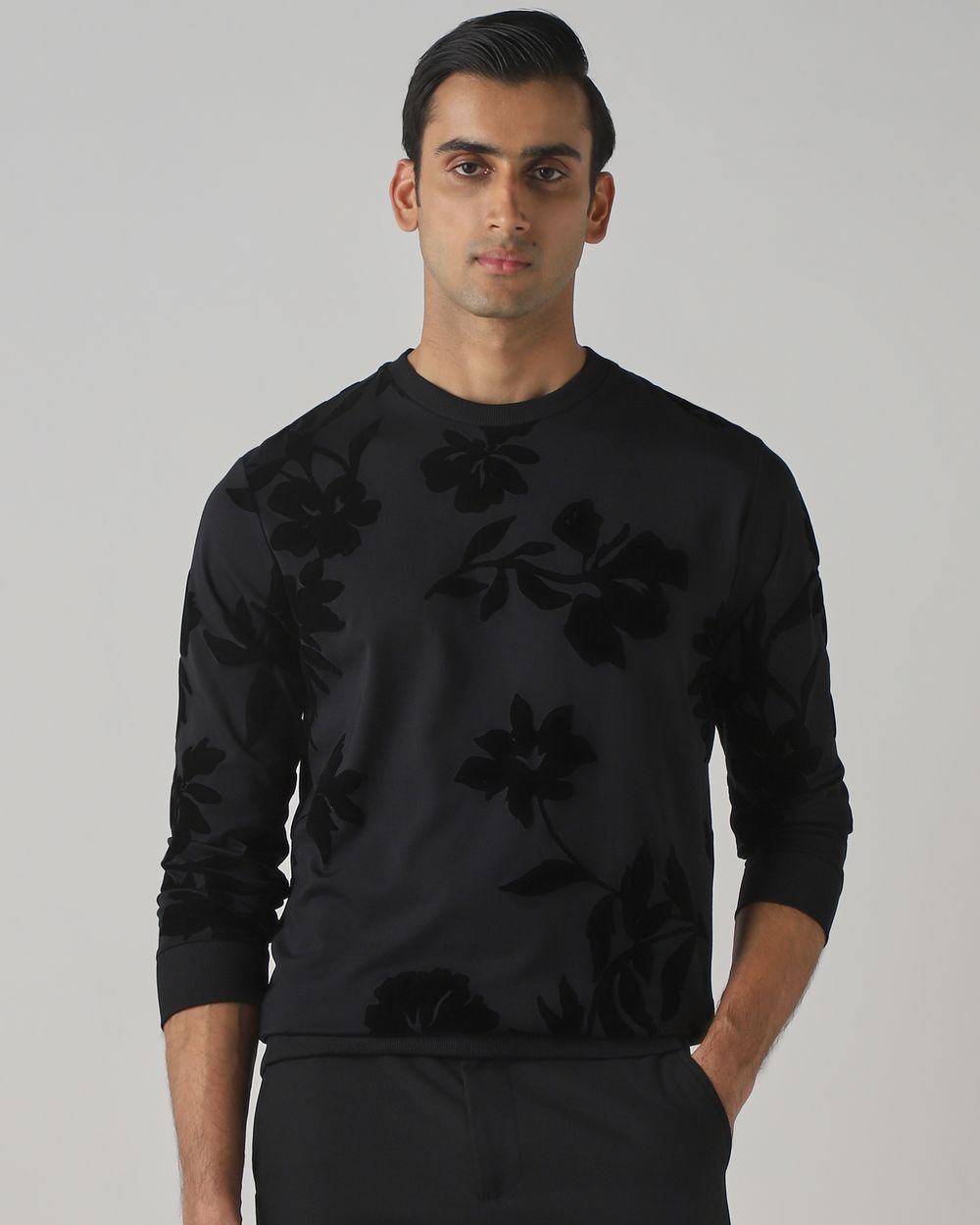Black Flock Print Slim Fit Sweatshirt