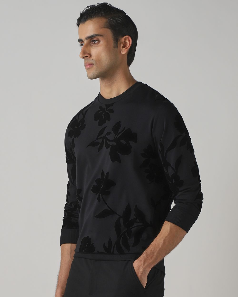 Black Flock Print Slim Fit Sweatshirt