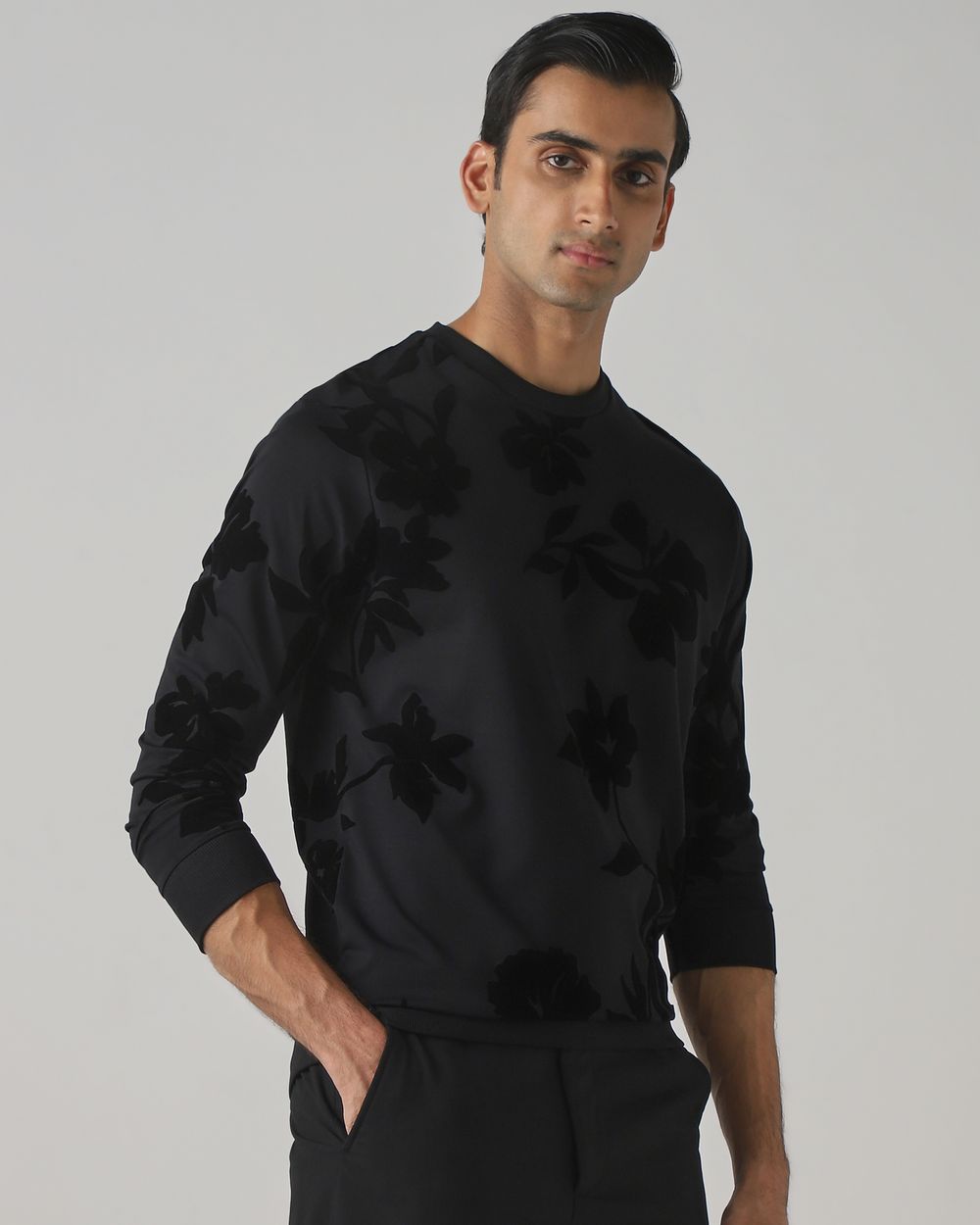 Black Flock Print Slim Fit Sweatshirt