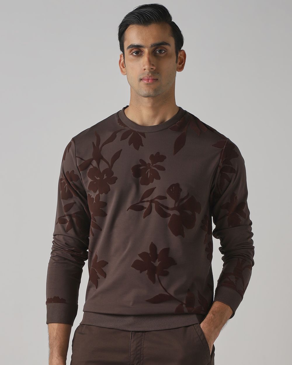 Brown Flock Print Slim Fit Sweatshirt