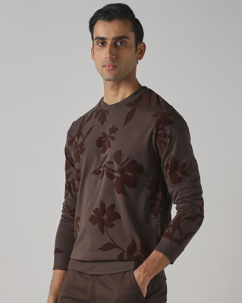 Brown Flock Print Slim Fit Sweatshirt