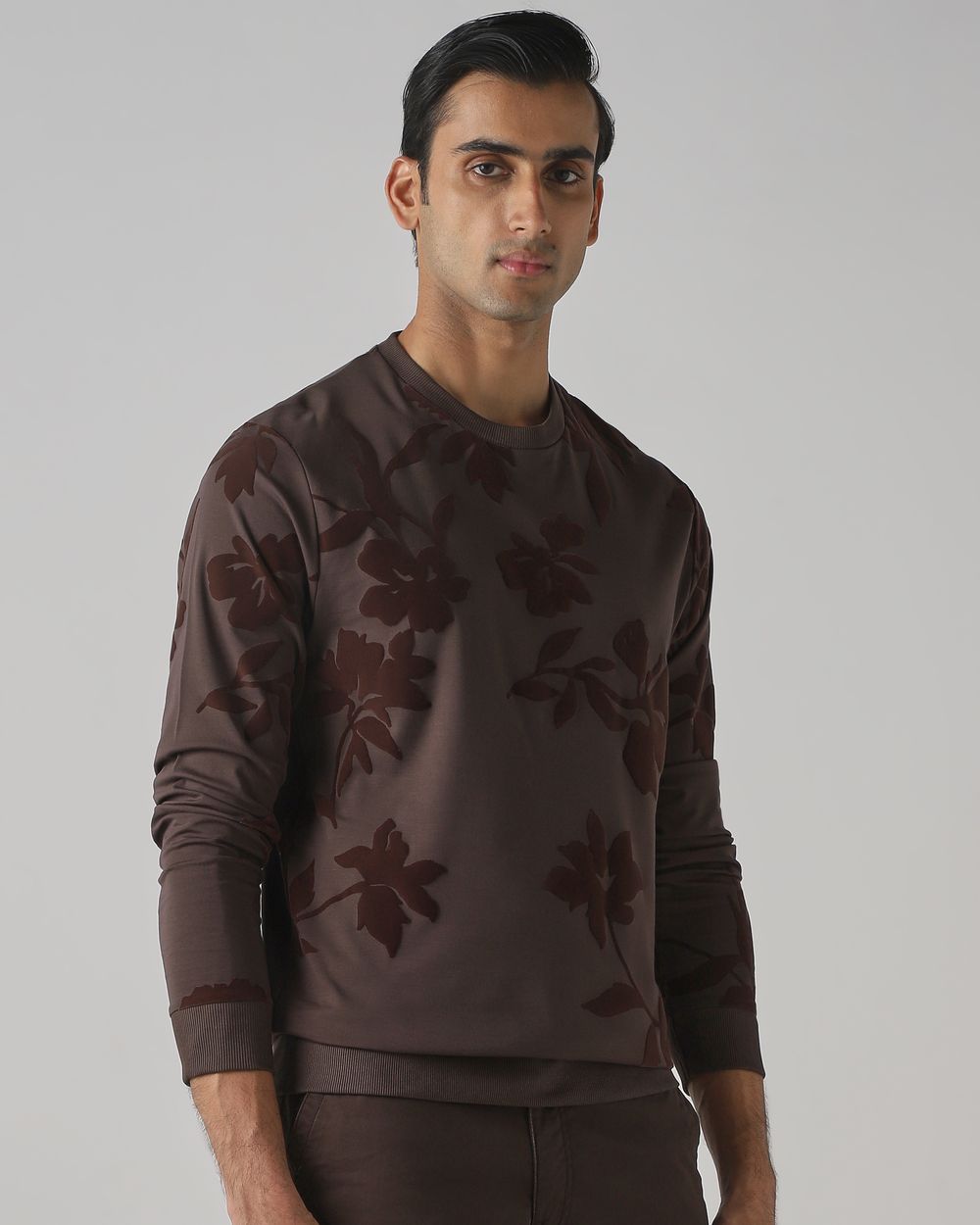 Brown Flock Print Slim Fit Sweatshirt