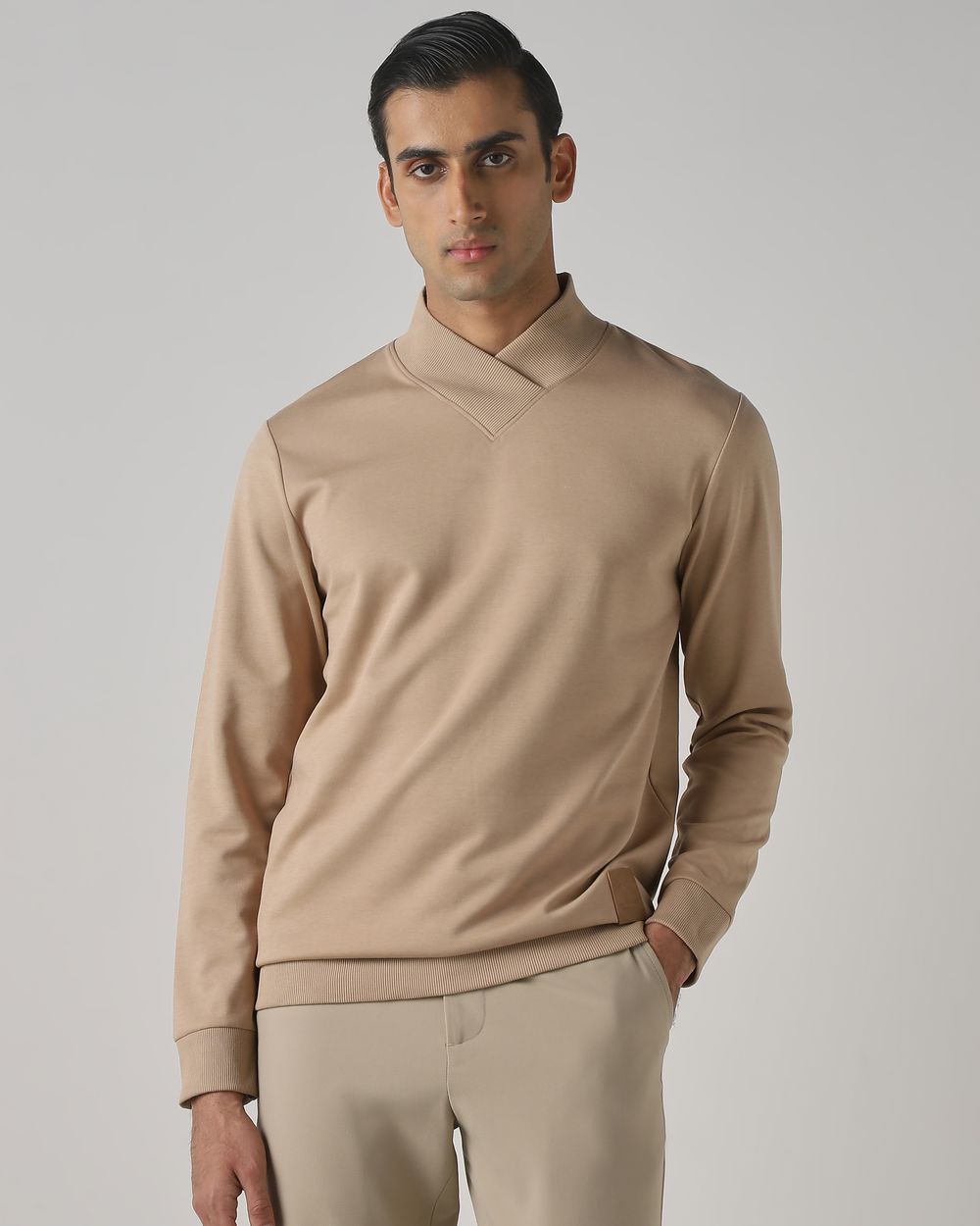 Beige V-Neck Slim Fit Sweatshirt