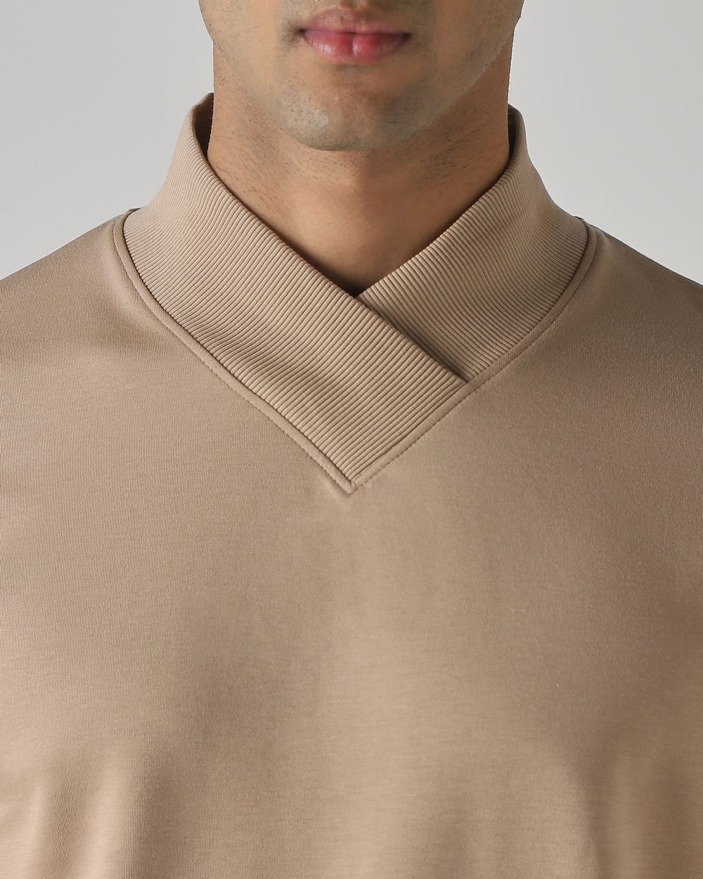 Beige V-Neck Slim Fit Sweatshirt