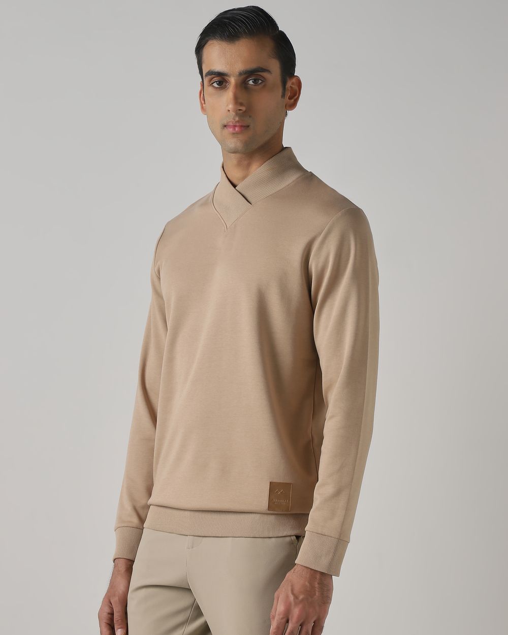 Beige V-Neck Slim Fit Sweatshirt