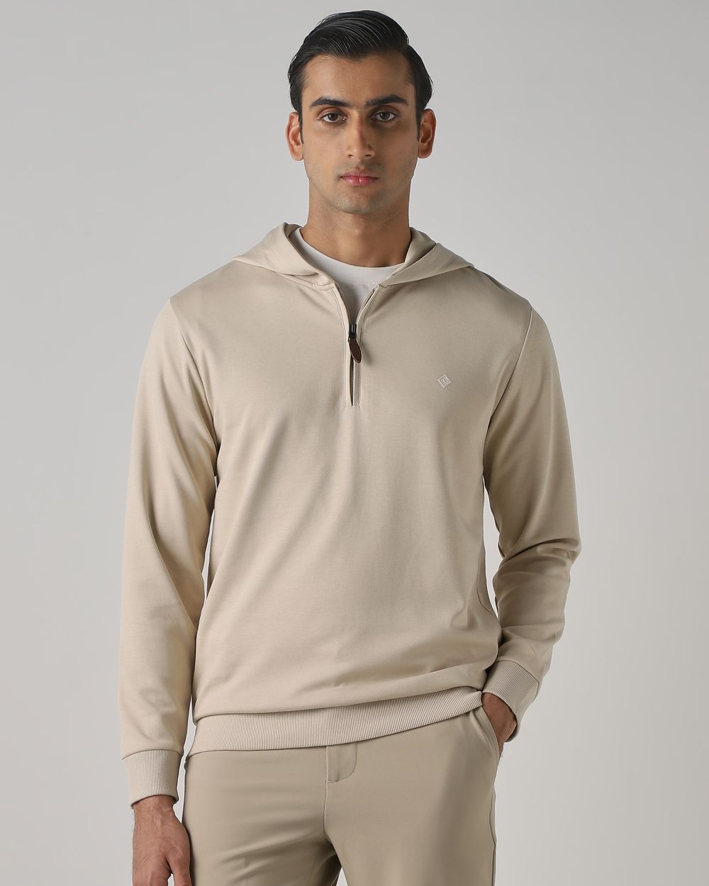 Off White Half Zip Slim Fit Hoodie