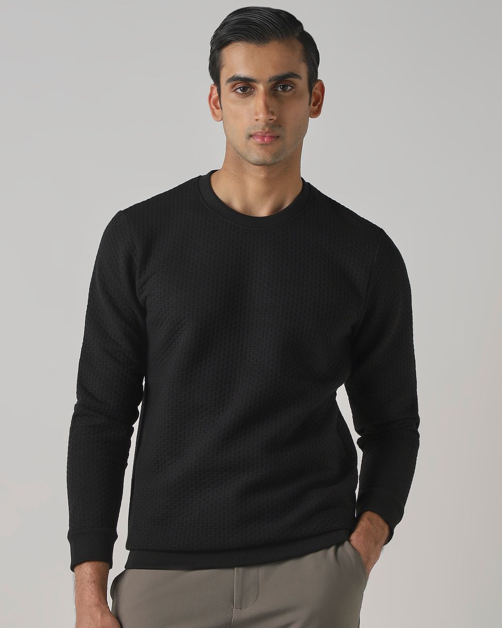 Black Jacquard Plain Slim Fit Sweatshirt