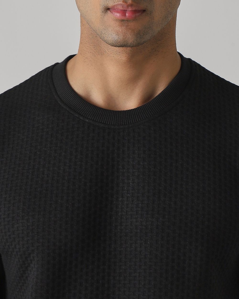 Black Jacquard Plain Slim Fit Sweatshirt
