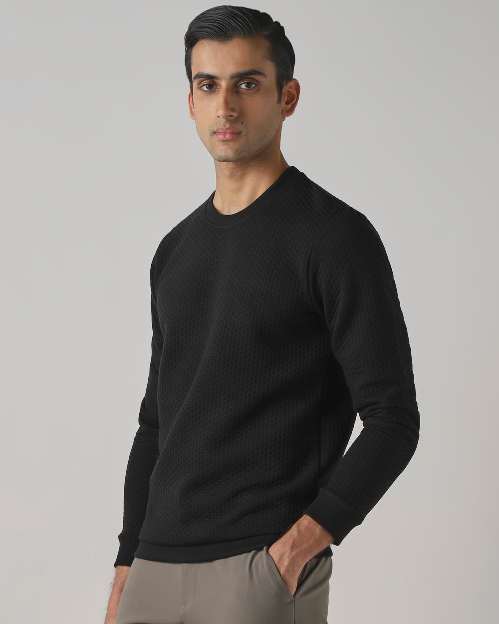 Black Jacquard Plain Slim Fit Sweatshirt