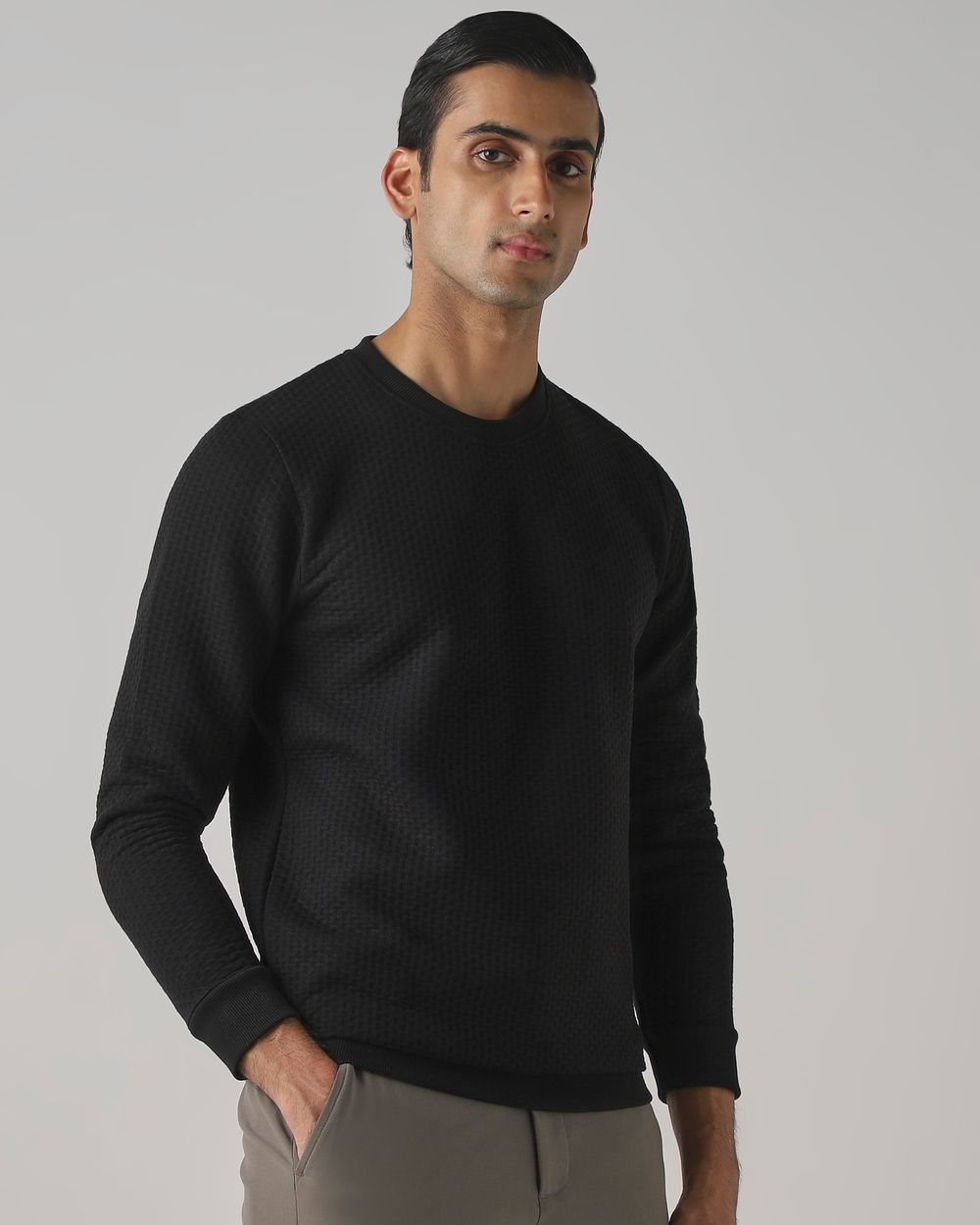 Black Jacquard Plain Slim Fit Sweatshirt
