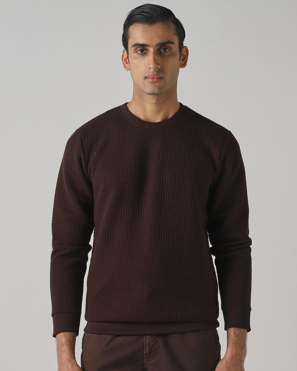 Brown Jacquard Plain Slim Fit Sweatshirt