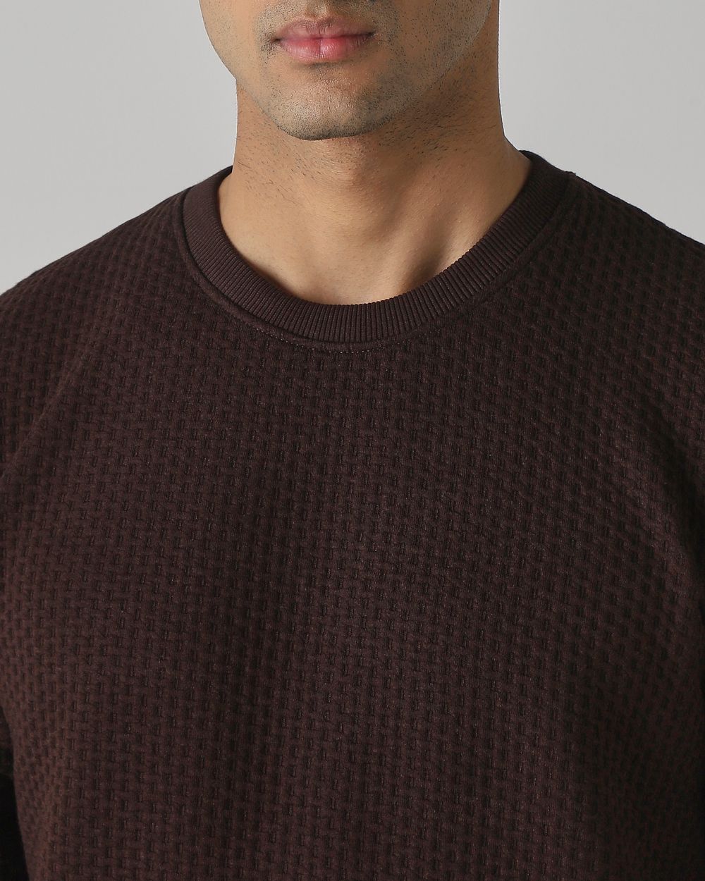 Brown Jacquard Plain Slim Fit Sweatshirt