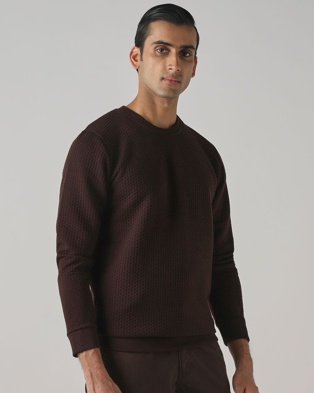 Brown Jacquard Plain Slim Fit Sweatshirt