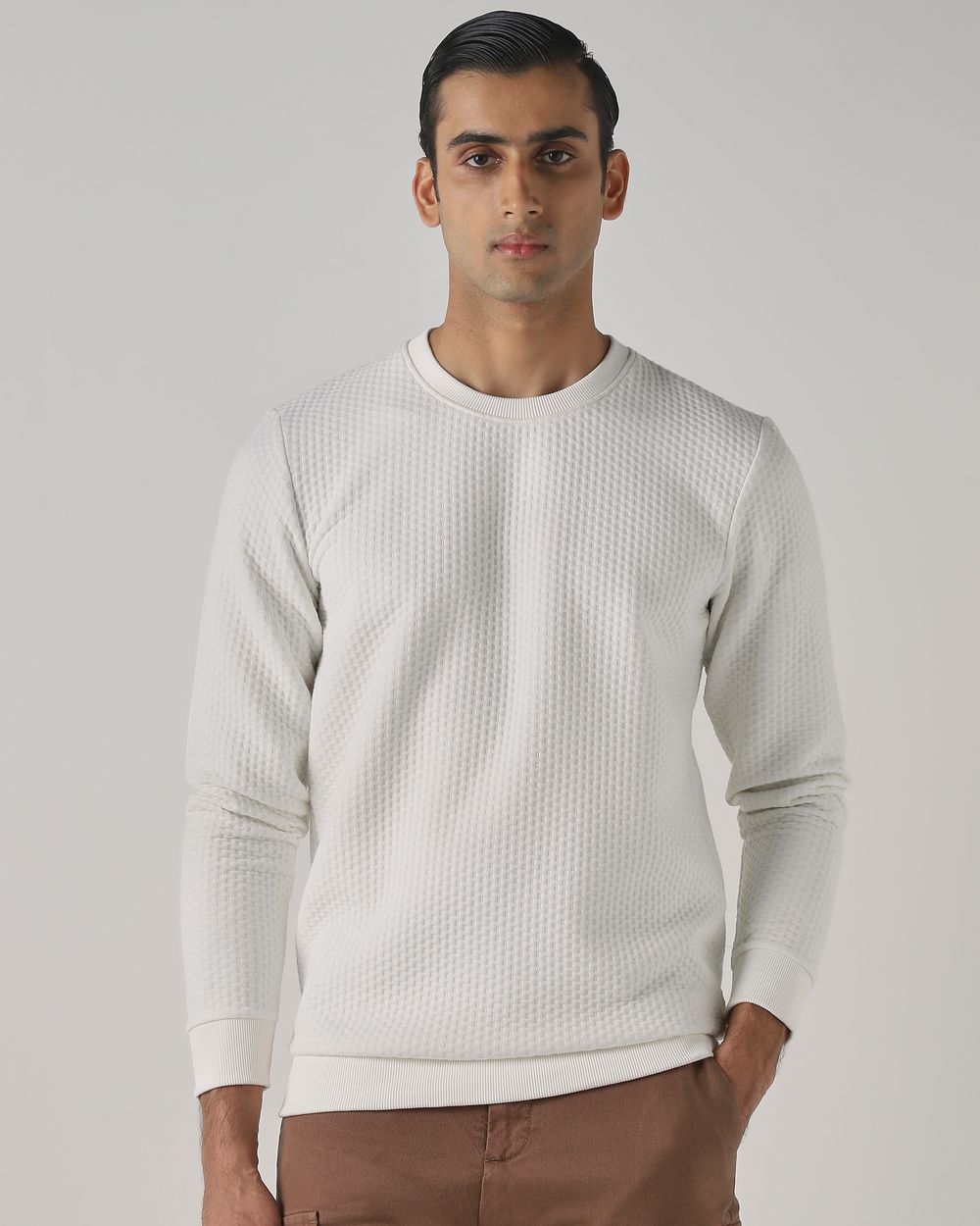 Off White Jacquard Plain Slim Fit Sweatshirt