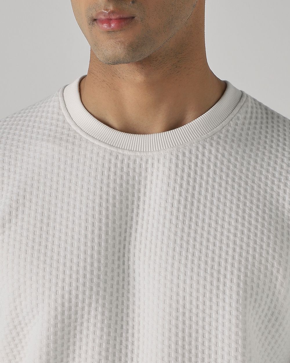 Off White Jacquard Plain Slim Fit Sweatshirt