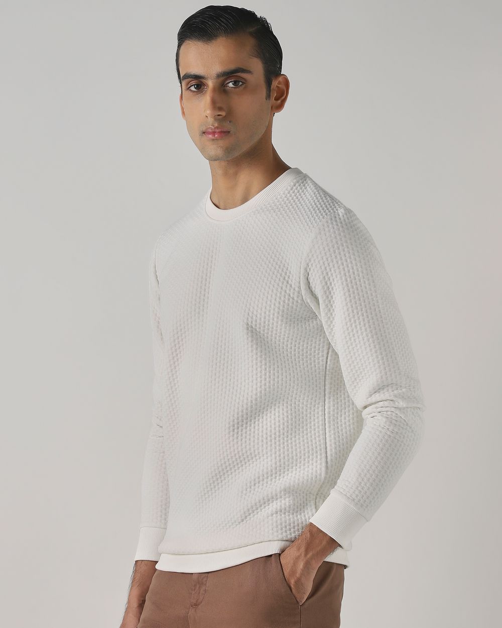 Off White Jacquard Plain Slim Fit Sweatshirt
