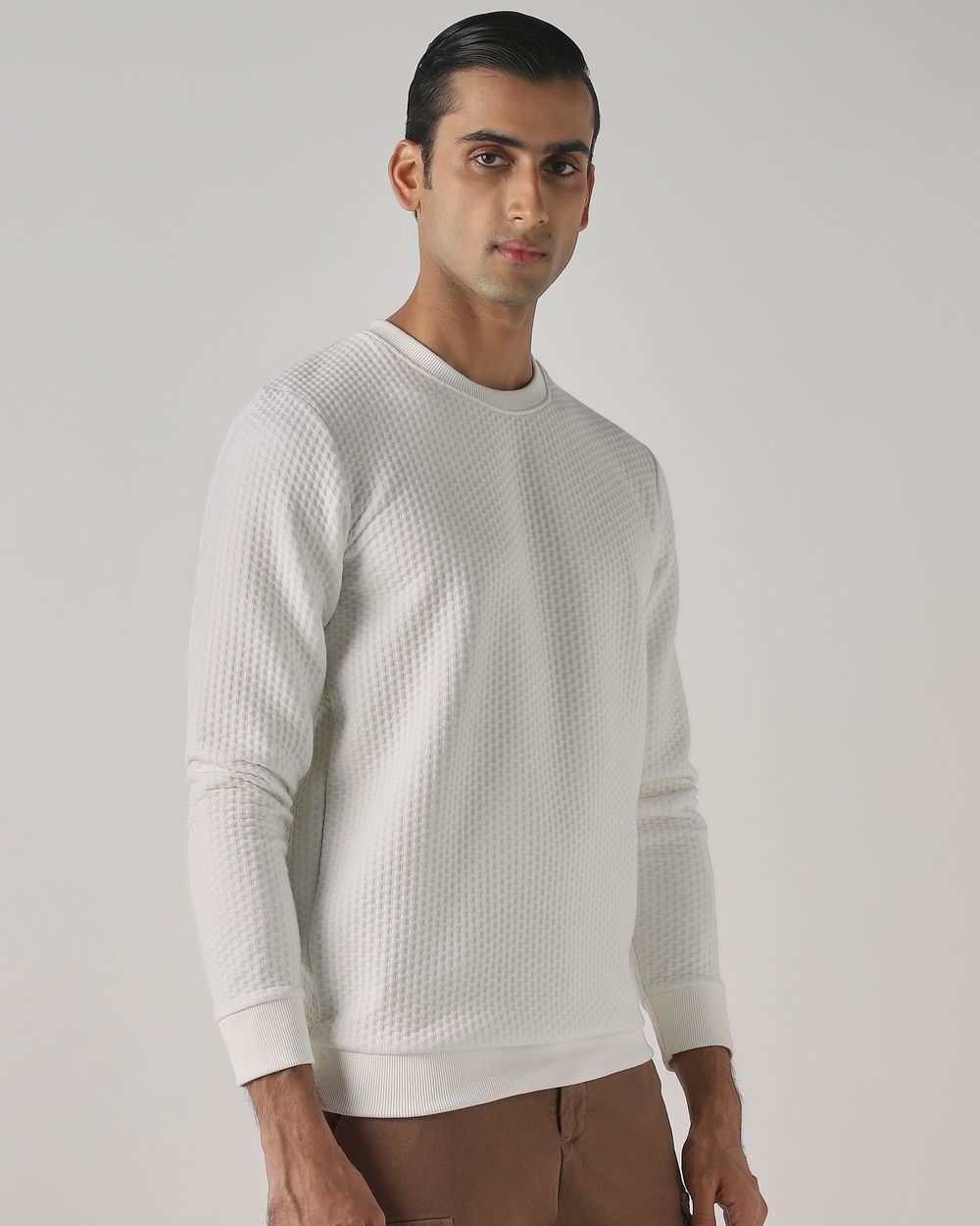 Off White Jacquard Plain Slim Fit Sweatshirt
