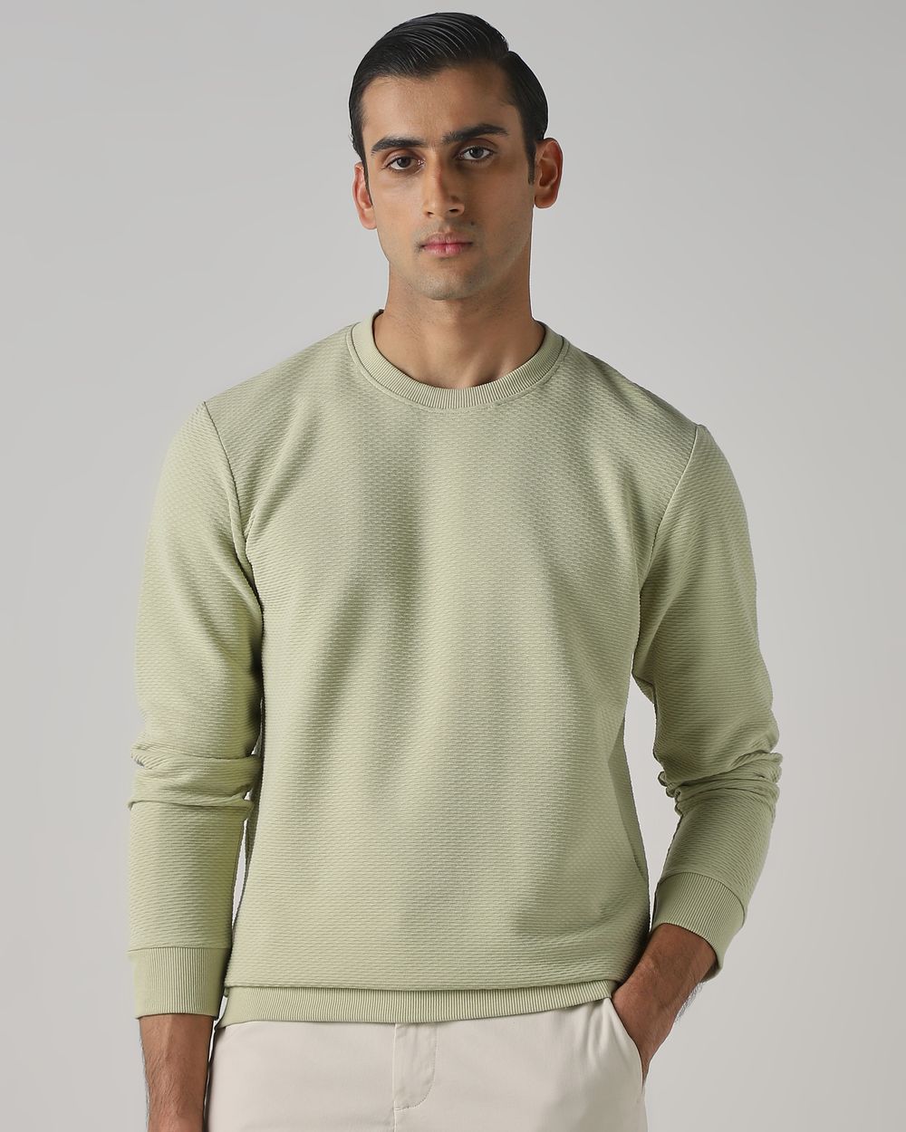 Sage Jacquard Plain Slim Fit Sweatshirt