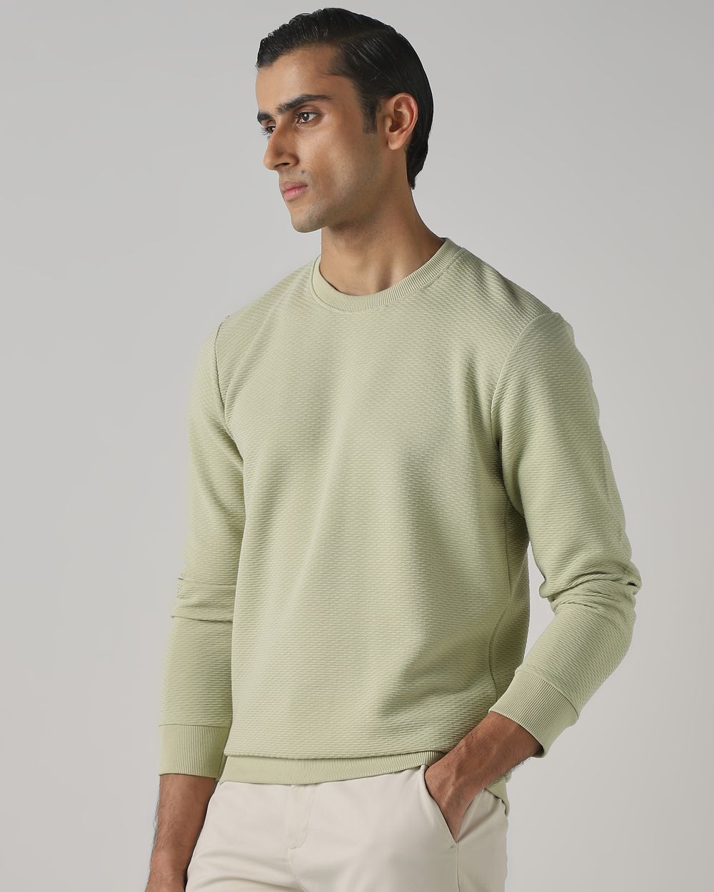Sage Jacquard Plain Slim Fit Sweatshirt