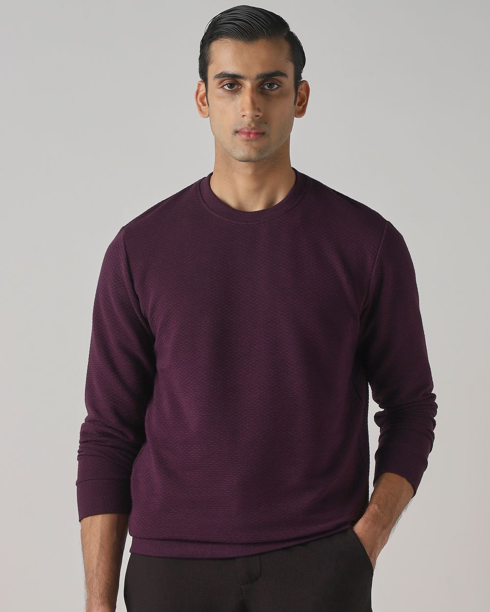 Maroon Jacquard Plain Slim Fit Sweatshirt