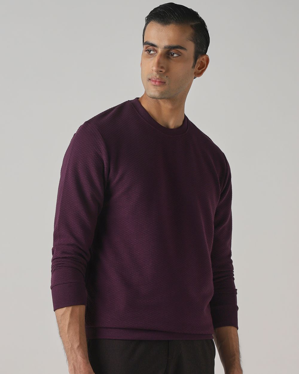 Maroon Jacquard Plain Slim Fit Sweatshirt